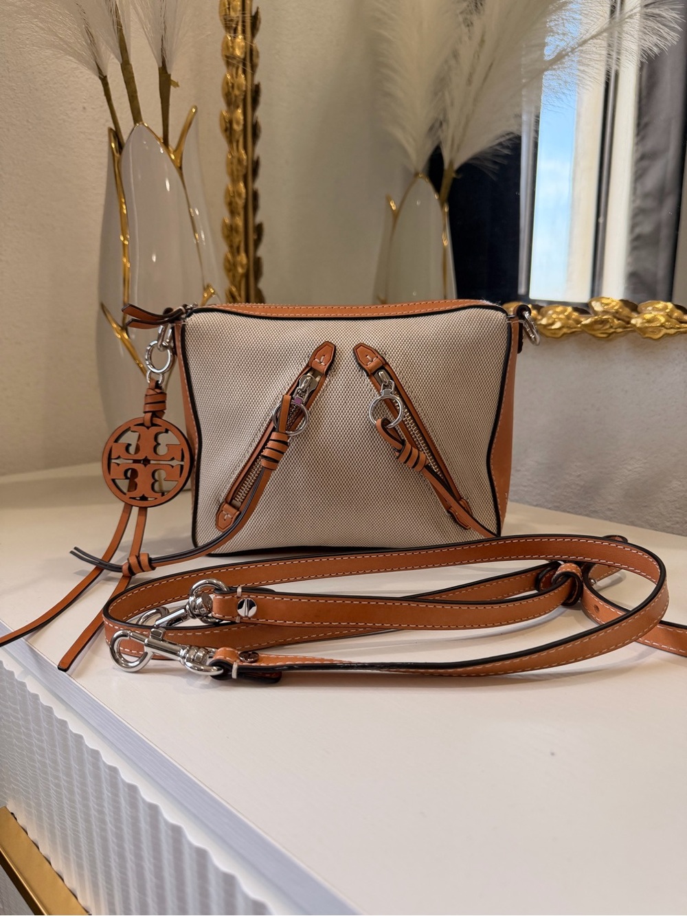 Tory Burch Tan & Cream Canvas Crossbody with Leather Trim